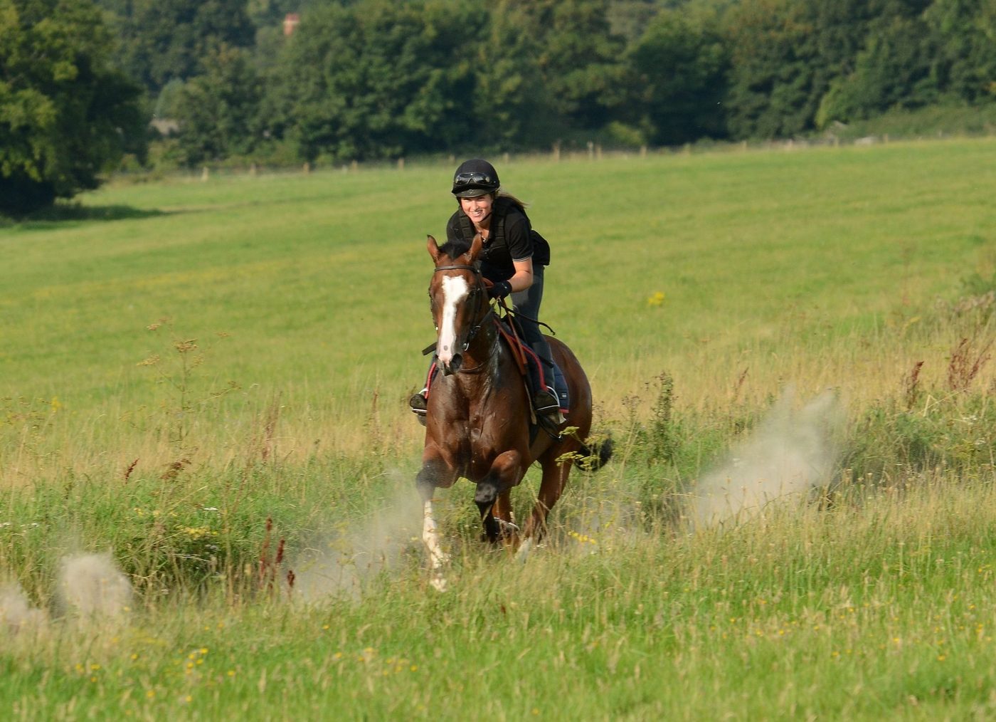 Sophie Sparkes cantering a bay horse across a grass field